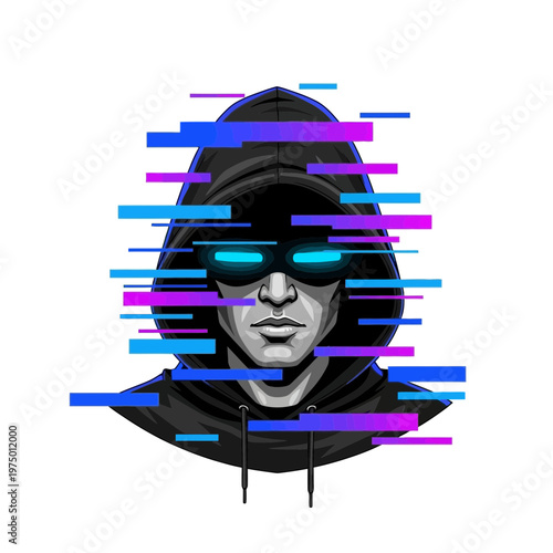 Hacker wearing hoodie and futuristic glasses with digital glitch effect