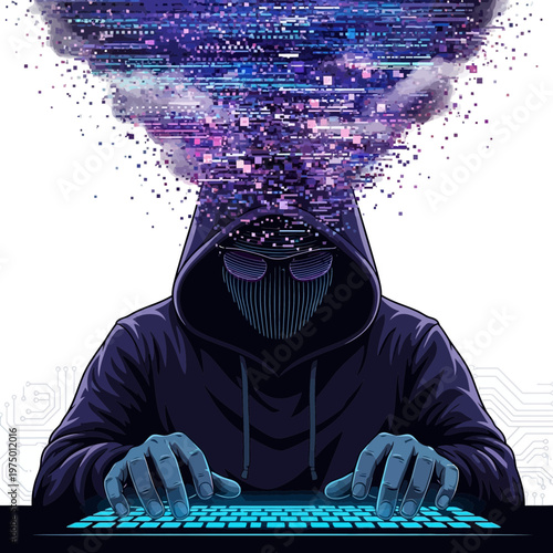 Hacker typing on keyboard, data explosion from head, digital crime concept