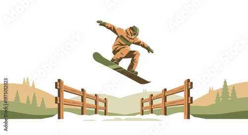 Exhilarating Snowboarder Soaring Over Winter Landscape Fence