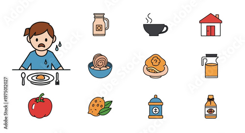 Colorful cartoon icons depicting breakfast sadness and various food items