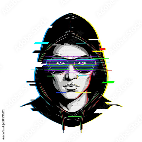 Hacker wearing hoodie and glitch glasses, cyber security concept