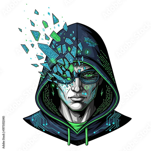 Hacker with digital explosion effect, cyber security concept