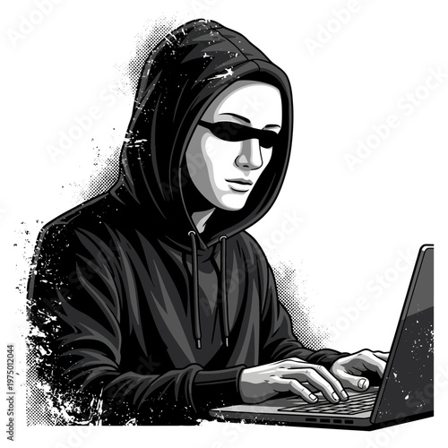Hacker wearing sunglasses and hoodie typing on laptop, dark theme, cybercrime concept