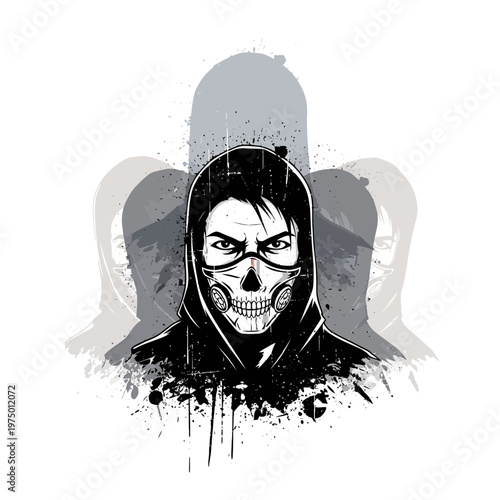 Man in Hoodie and Gas Mask, Skull Face, Dark Grunge Style, Mysterious Figure