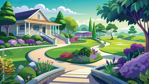 A serene suburban house with a vibrant garden and winding pathway under a bright sunny blue sky Vector