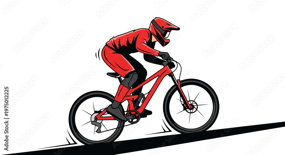 Fototapeta premium Extreme Downhill Mountain Biker Charging Steep Terrain On A Red Bicycle With Protective Gear
