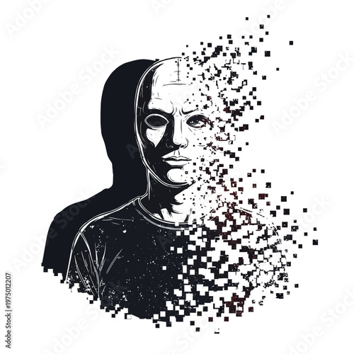 Man's face dissolving into pixels, digital disintegration, identity loss, AI concept