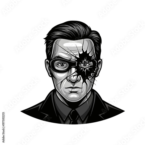 Man with shattered face, broken mask, hidden identity, psychological trauma, espionage concept