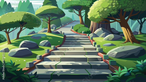 A serene stone stairway winds upwards through a lush green forest with large boulders and trees. Vector