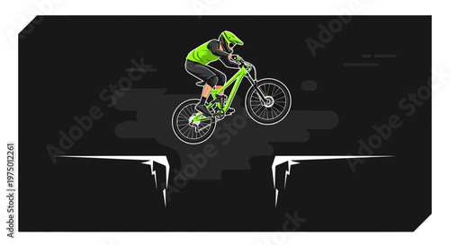 Extreme Downhill Mountain Biker Soars Over A Gap In A Dynamic Illustration
