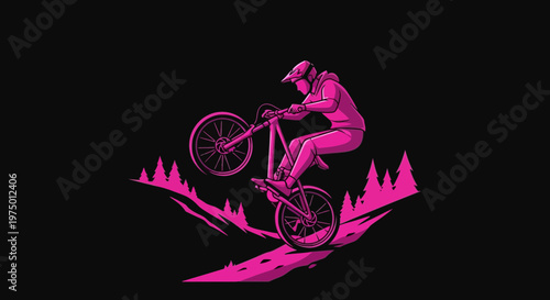 Extreme Mountain Biker Performing A Wheelie On A Trail