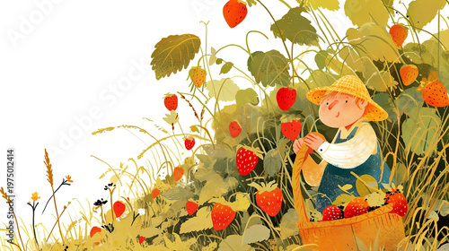 Illustration of a young child wearing a straw hat picking ripe strawberries from lush green plants in a sunny garden setting with a basket nearby