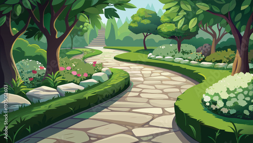 A serene stone pathway winding through a lush green garden filled with vibrant trees and plants Vector