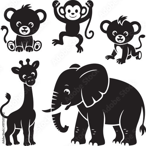 Black cartoon animals dancing in a circle on white background black animals dancing animals