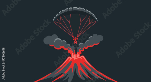 Extreme Parachutist Descends Towards Active Volcano Illustration