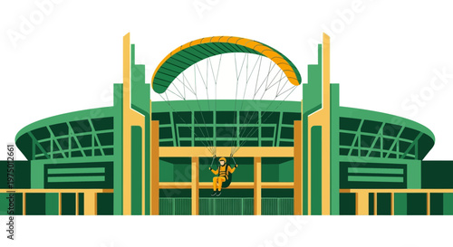 Extreme Paraglider Descends Upon Modern Stadium Architecture