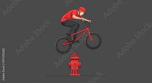 Extreme Biker Jumps Fire Hydrant With Red Bicycle And Helmet