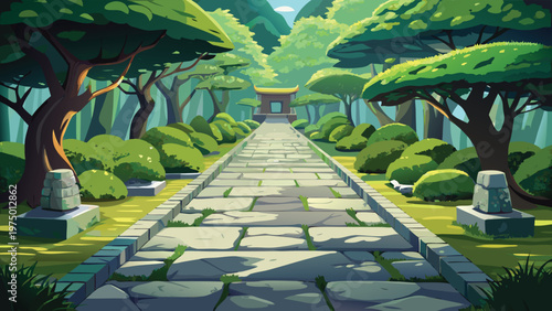 A serene stone path winding through a vibrant and lush green forest leading to a distant shrine Vector
