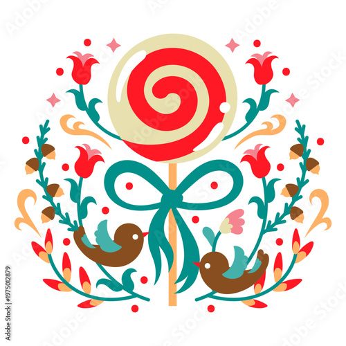 Peppermint lollipop surrounded by flowers