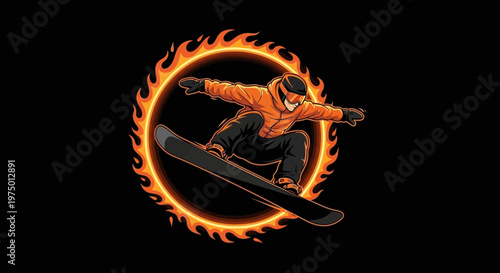 Extreme Snowboarder Jumps Through Fiery Ring Dynamic Action Sports Illustration