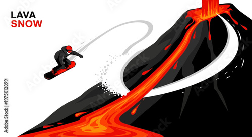 Extreme Snowboarder Evades Flowing Lava Downward Mountain Slope