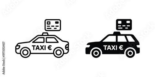 Taxi car payment icon vector set, credit card and euro symbols for ride hailing, taxi booking apps, digital wallet, and cashless transport payment design