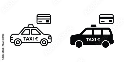 Taxi car payment icon vector set, credit card and euro symbols for ride hailing, taxi booking apps, digital wallet, and cashless transport payment design