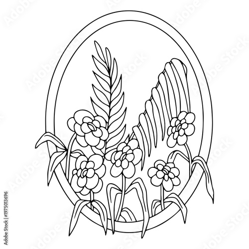 A lovely oval frame containing an exquisite flower design.