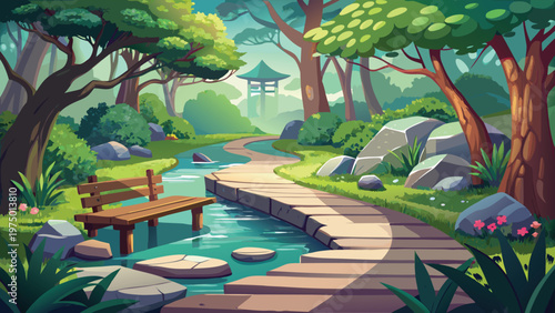 A peaceful stone path winds through a lush and vibrant forest landscape with a small wooden bench Vector