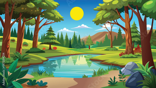 A serene landscape illustration featuring a calm pond nestled within a vibrant forest setting Vector