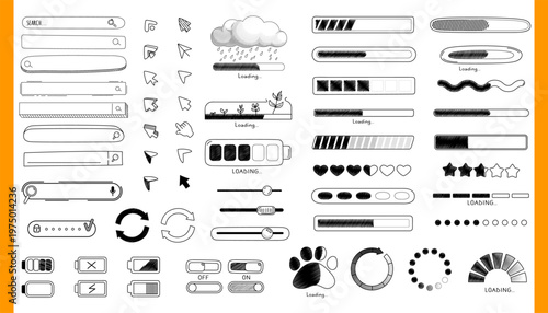 Huge hand drawn UI elements set. Doodle interface buttons, loading bars, and cursors sketch kit.