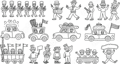 Parade Vector Illustration with Marching Band, Cars, Flags, and Festive Characters