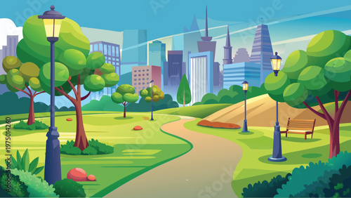 A serene public park featuring lush green trees and a pathway leading towards a distant cityscape Vector