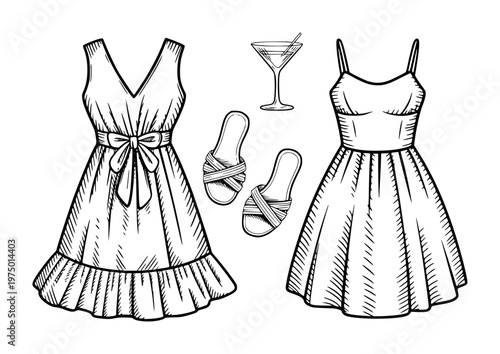 Hand drawn summer dresses sandals and cocktail drink white background fashion clothing
