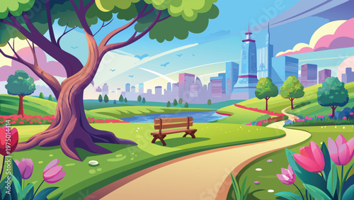 A serene park with a wooden bench overlooks a calm pond and a distant modern city skyline view Vector