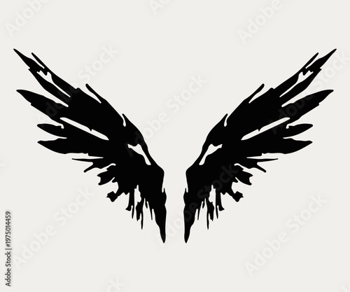 Black raven wings silhouette. Hand drawn grunge ink sketch of bird or angel wings. Vector illustration isolated on white background