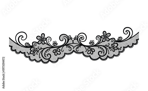A delicate black and white lace design with floral patterns and swirling motifs on a plain background