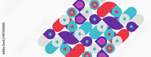 Abstract pattern. Colorful rounded shapes overlap, creating dynamic visual texture. Red, purple, turquoise dominate composition.