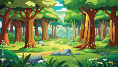 A vibrant cartoon illustration showcasing a peaceful forest path under a bright sunny morning sky Vector