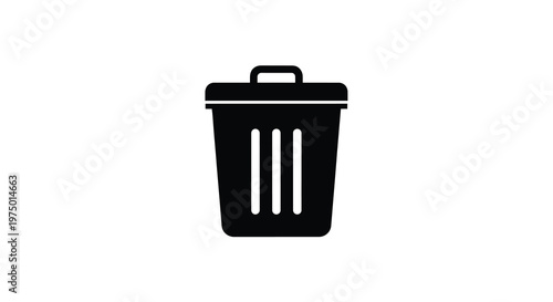 A simple black silhouette of a rectangular trash can with a lid and vertical lines