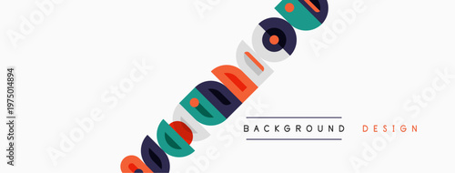 Colorful abstract shapes form diagonal line. Background includes text background, design. Simple composition, vibrant hues present.