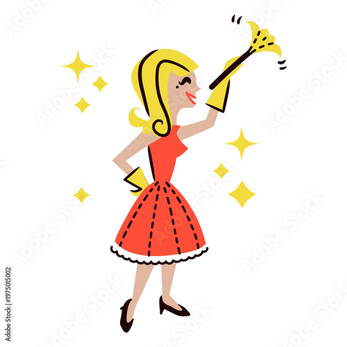 Young woman cleaning with a feather broom