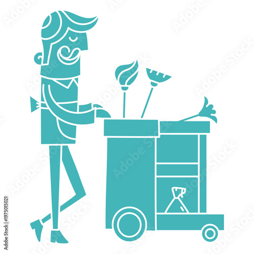 Janitor carrying cleaning supplies