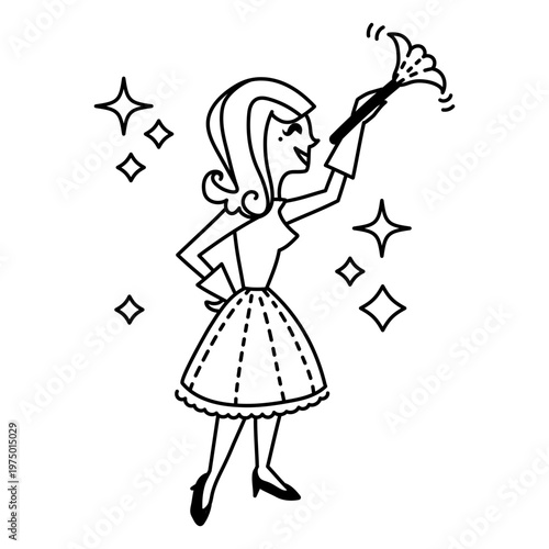 Woman cleaning the house with a feather broom