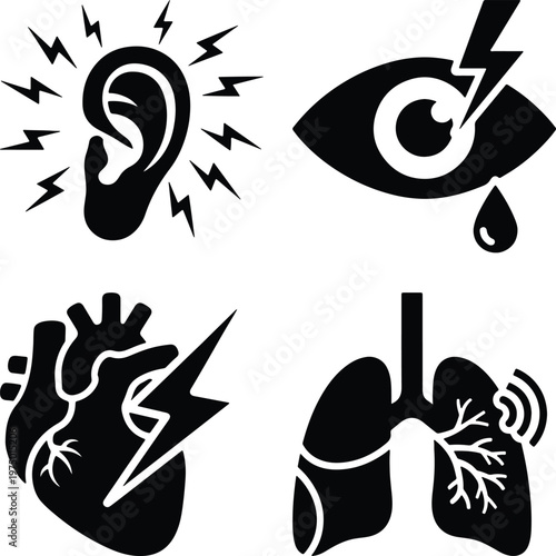 Set of icons representing pain and health issues: ear ringing eye pain heart lung discomfort with warning sign black and white discomfort sickness illustration headache respiratory