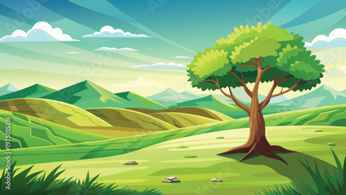 A serene landscape featuring a lone green tree standing on a grassy hill under a bright cloudy sky Vector