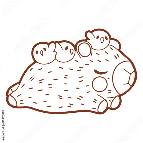 Cute capybara carrying chicks on its back