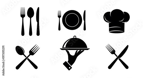 Black and white illustrations of various restaurant-related items on a white background