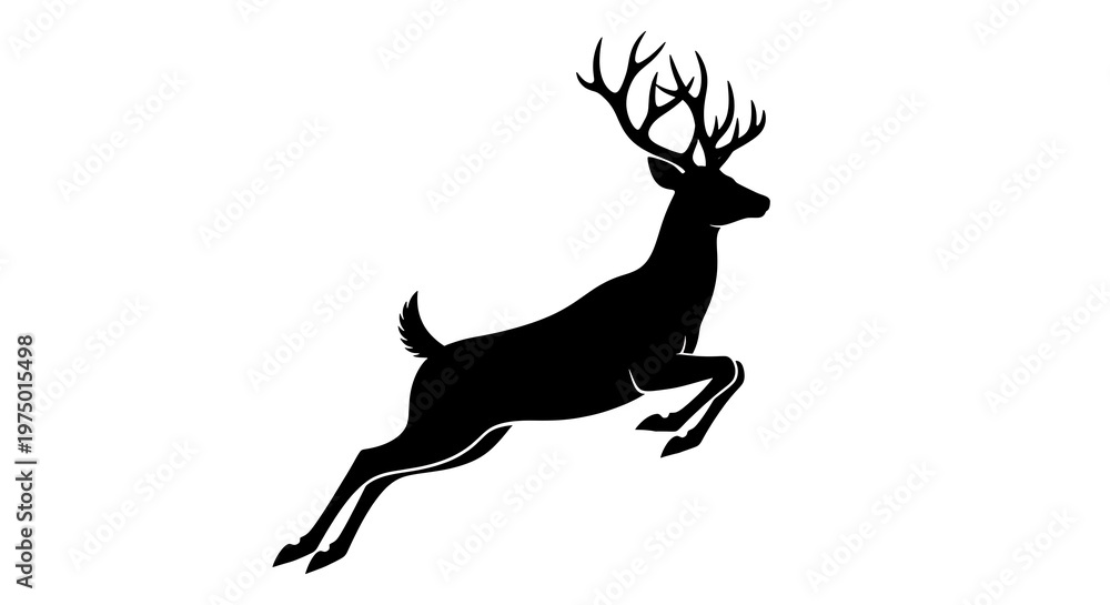 Fototapeta premium Black silhouette of a leaping deer with large antlers against a white background