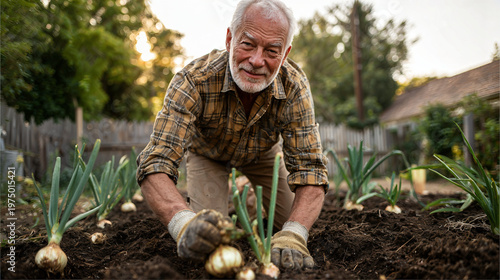 Elderly man gardening and harvesting onions in backyard garden  
